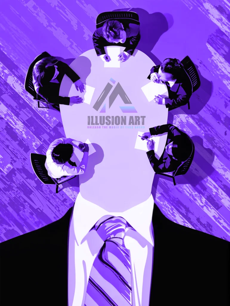 The Illusion Art team strategically planning around a table shaped like a client's mind, symbolizing our deep understanding of our clients' goals.