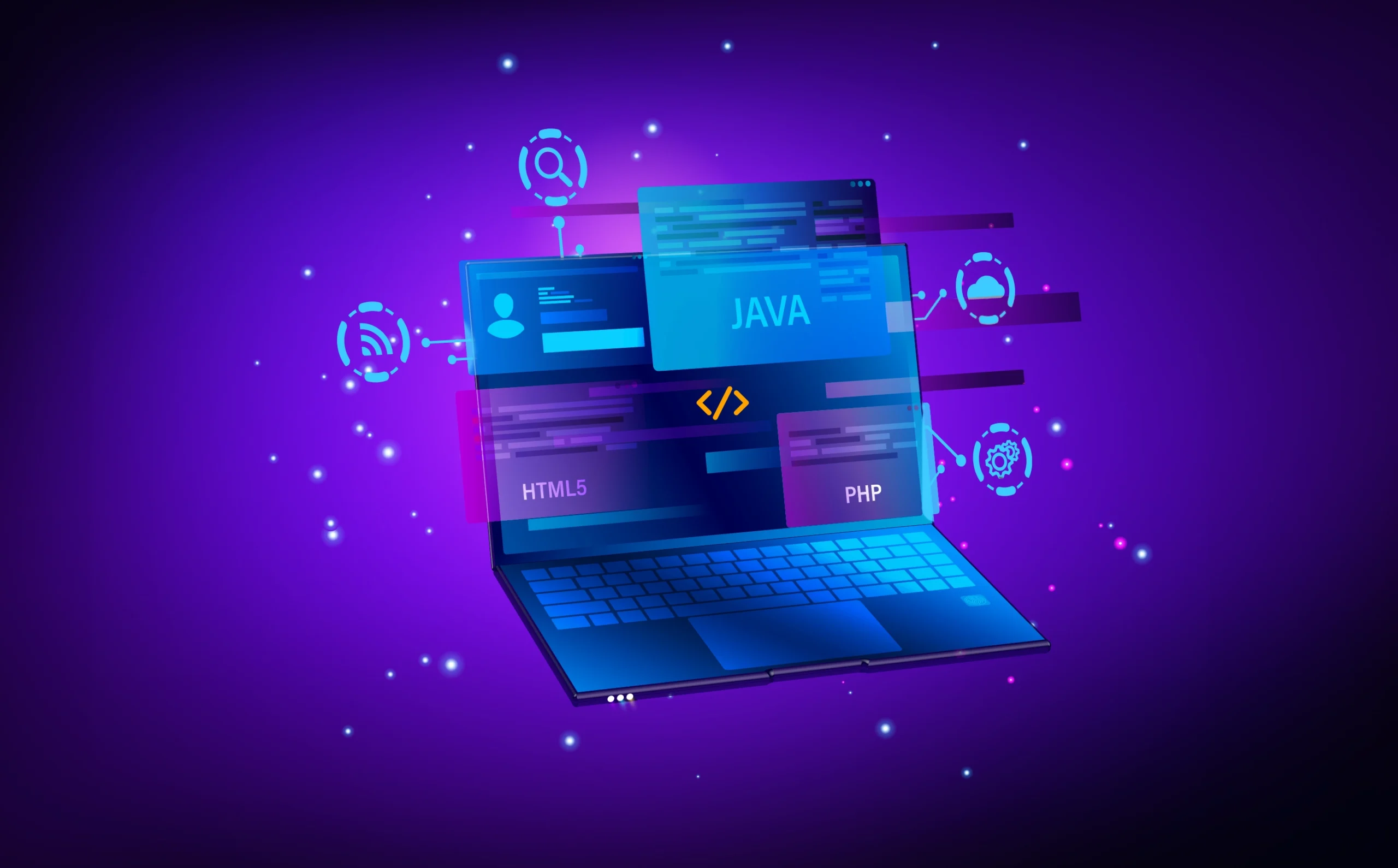 A laptop showing programming interfaces for Illusion Art's web and application development service.